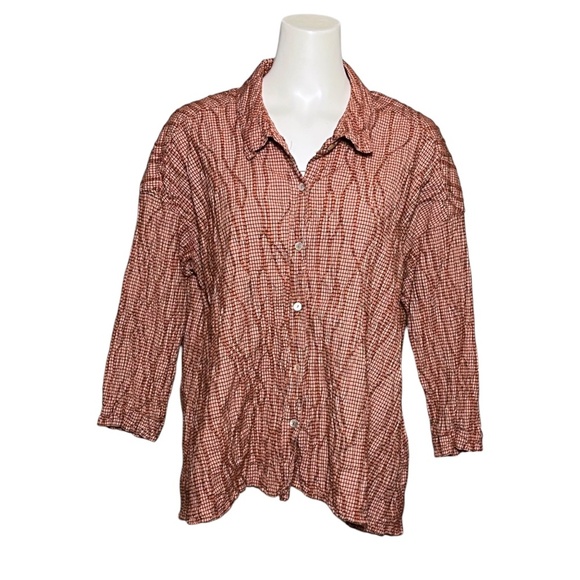 Cut Loose Crinkle Textured Checkered Button-Up Shirt Size M Oversized Rusty Red - Picture 2 of 9